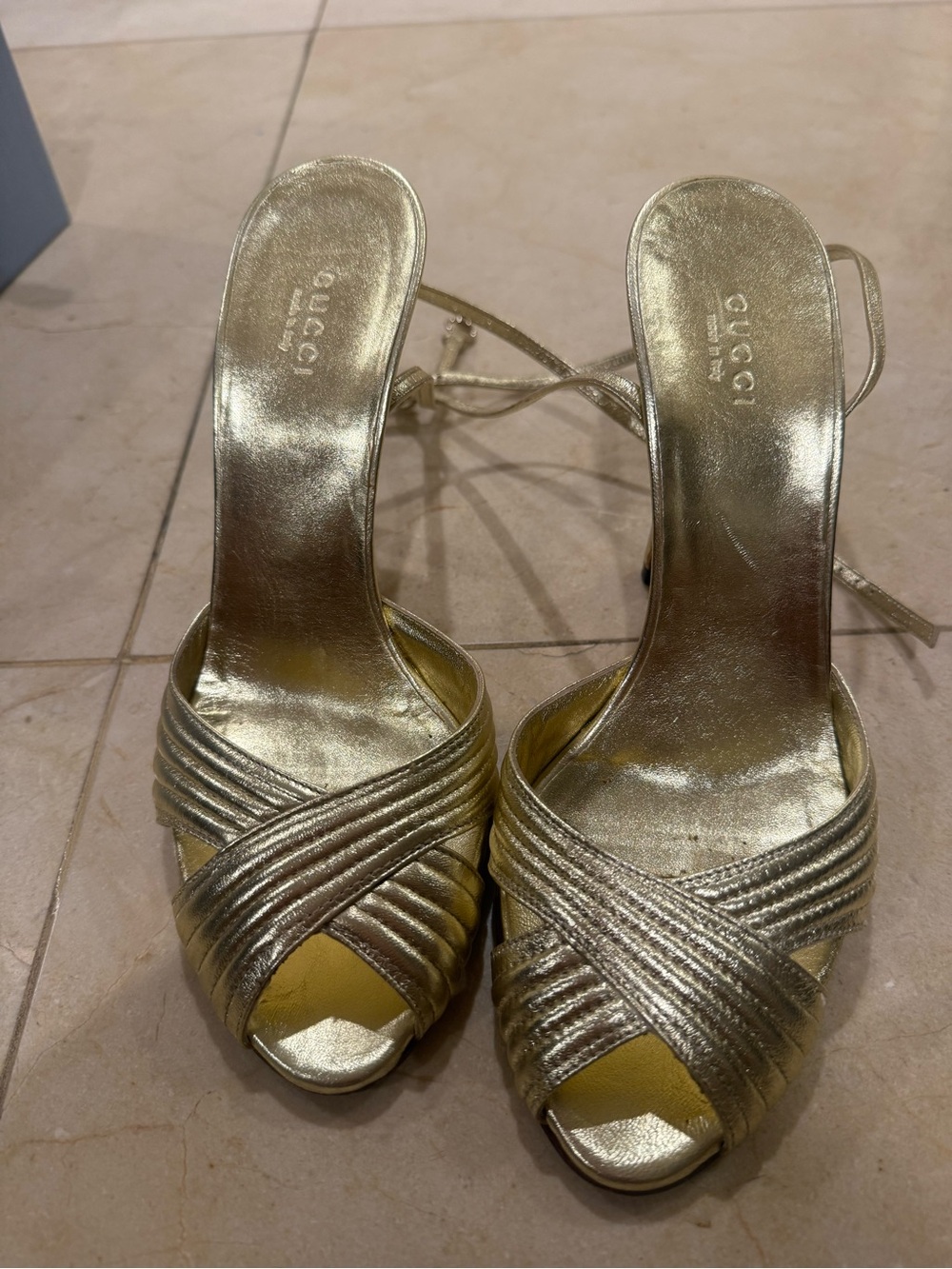 Gucci Gold Metallic Crisscross Peep-Toe Heels